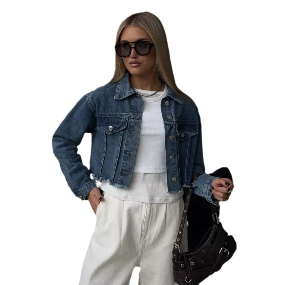 Cropped denim jacket for women with casual fringes Lune London