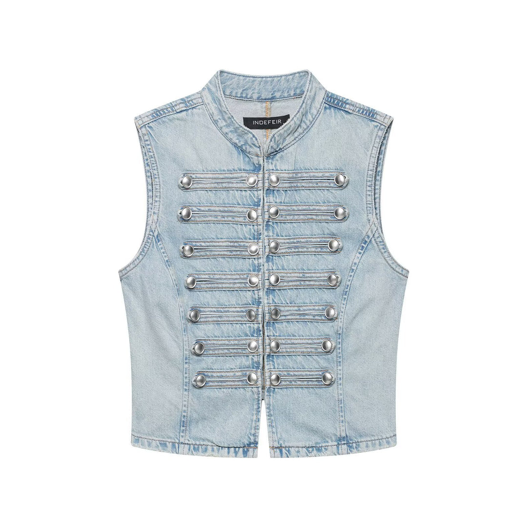 Women's jeans vest in military look with stand-up collar and decorative press stud placket Amarae