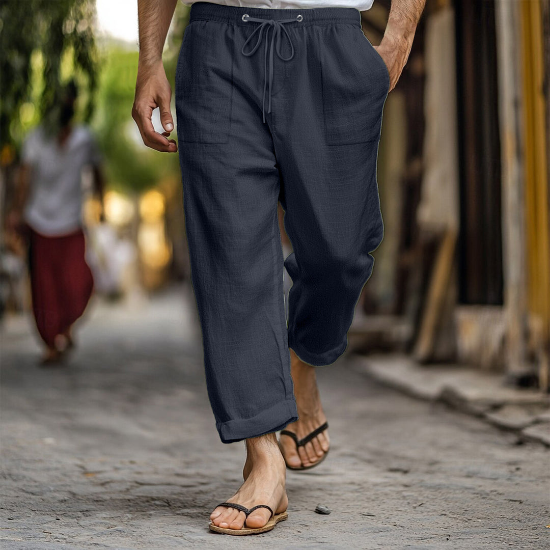 Casual and lightweight linen pants for men with elastic waist and practical side pockets Lune London