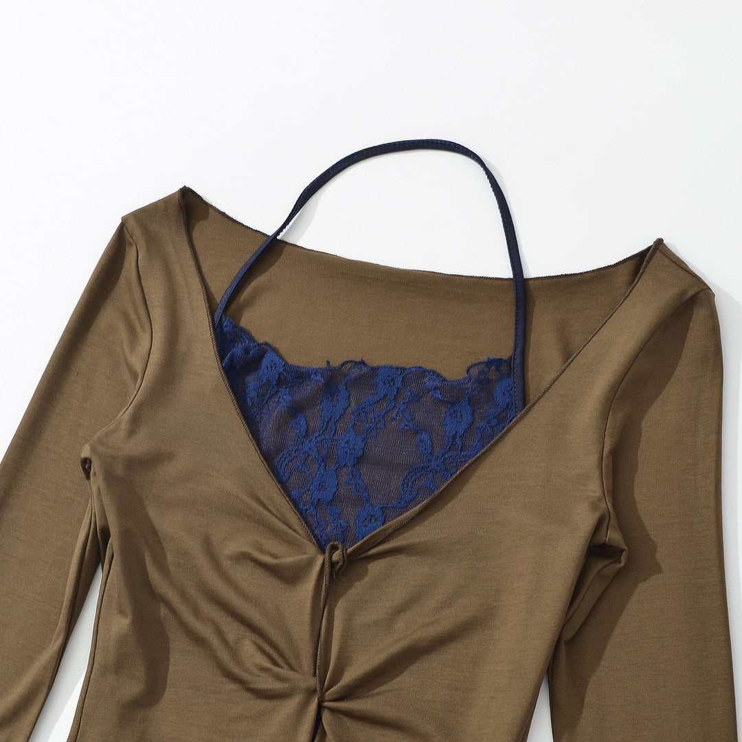Women's Figure-Hugging Long Sleeve Top with Lace Insert and Knot Closure Amarae