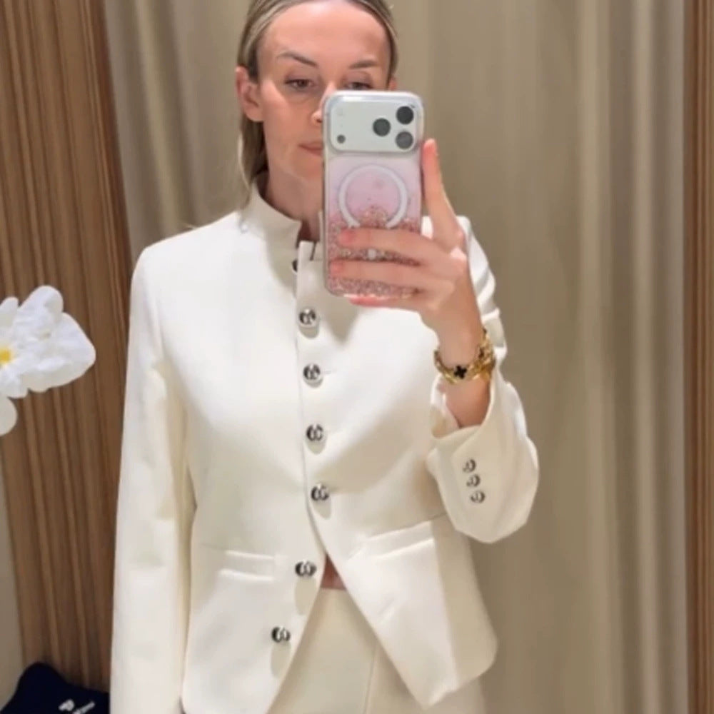 Women Tailored Blazer with Stand Collar and Silver Decorative Buttons Amarae