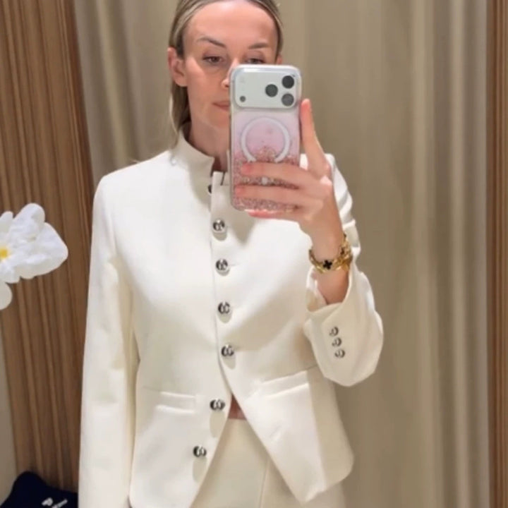 Women Tailored Blazer with Stand Collar and Silver Decorative Buttons Amarae