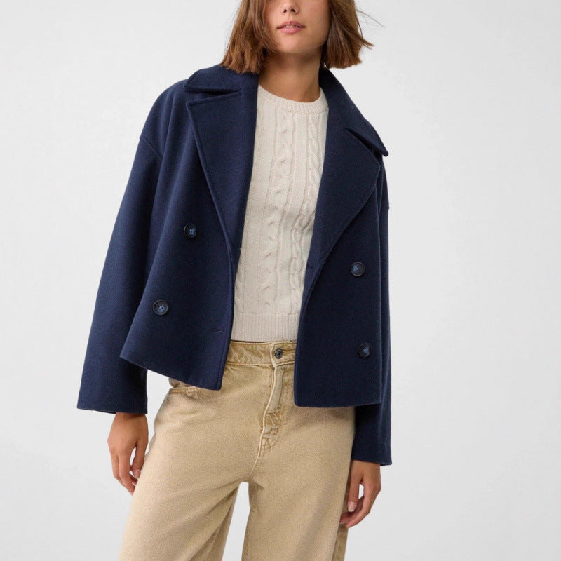 Women's Short Double-Breasted Wool Blend Peacoat with Oversized Lapels Amarae
