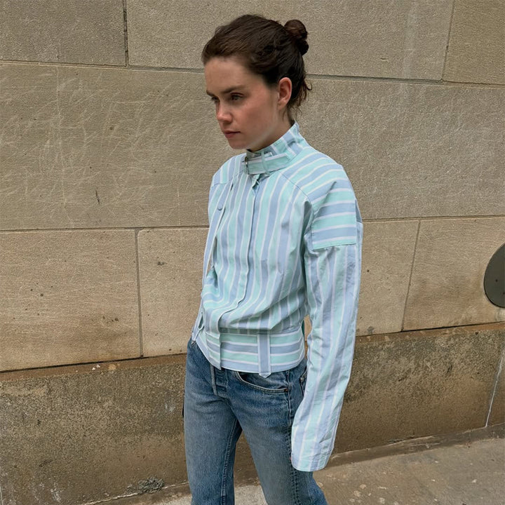 Women's Structured Blouse with Stand Collar, Waist Belt and Vertical Stripe Design Amarae