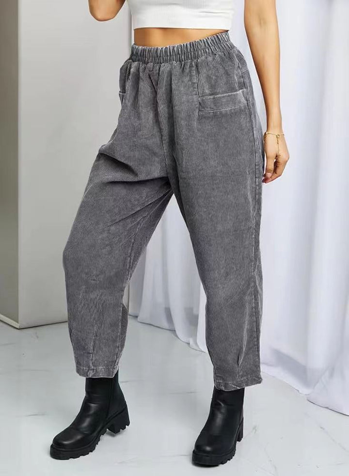 Ladies Comfortable Corduroy Leisure Pants with Elastic Waist and Pockets Lune London