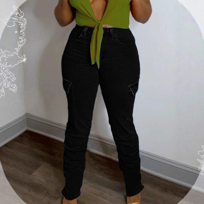 Women's High-Waisted Cargo Jeans with Slim Fit and Gathered Leg Hems Amarae