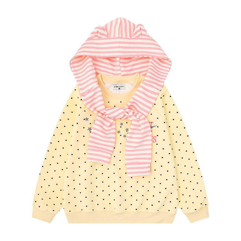 Women's Polka Dot Sweatshirt with Attached Striped Hood-Scarf and Star Appliqué Amarae