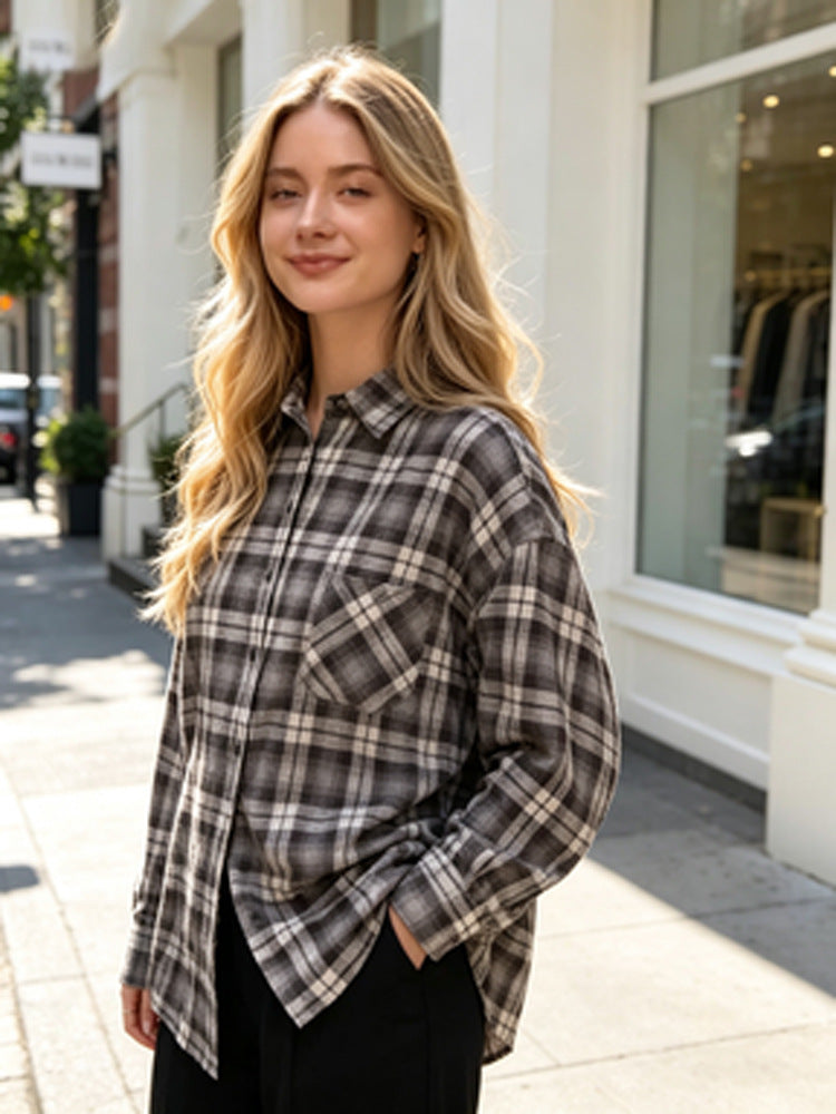 Women's Oversized Flannel Shirt with Check Pattern, Patch Chest Pocket and Rounded Hem Amarae