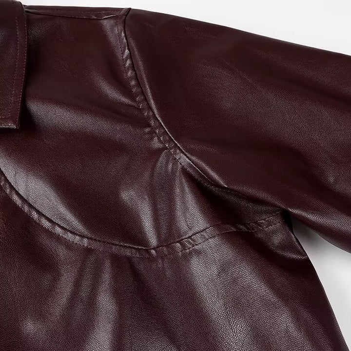 Women Short Tailored Leather Look Boxy Jacket with Zipper and Shirt Collar Amarae