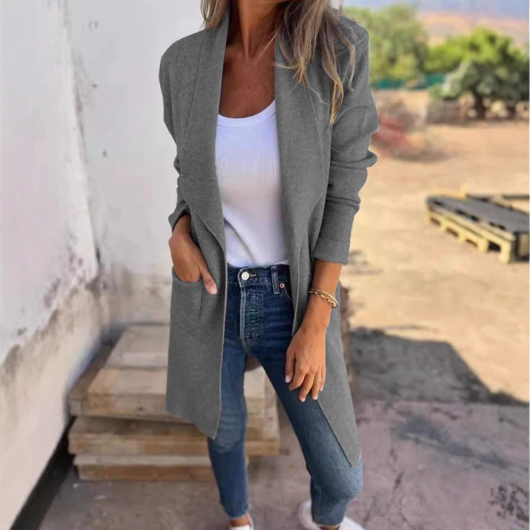 Ladies Long Casual Open Cut Jacket with Practical Pockets Lune London