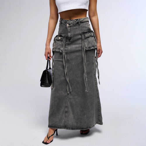 Long denim skirt for women with a high waist and practical pockets Amarae