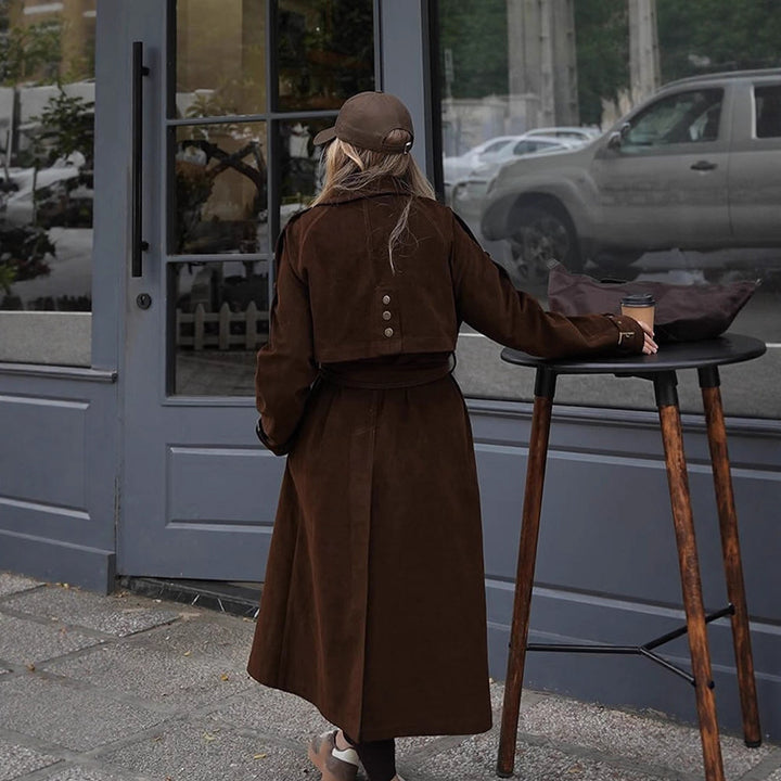 Women's Maxi Length Trench Coat in Velour Look with Double-Breasted Button Placket and Oversized Cut Amarae