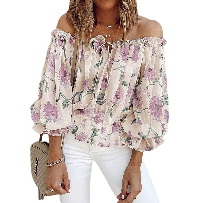 Off-shoulder blouse for women with floral patterns and ruffle details Lune London