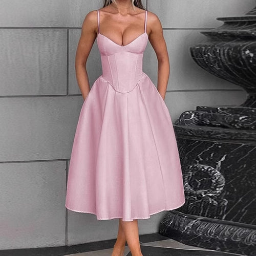 Women's Elegant A-Line Midi Dress with Spaghetti Straps and Soft Fabric Amarae