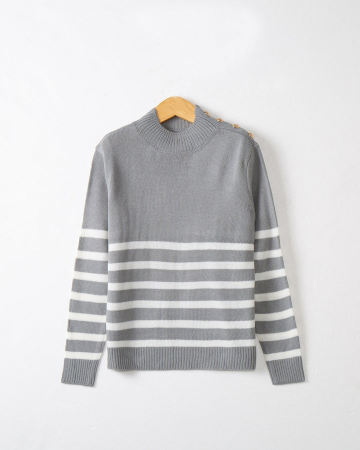 Fashionable knitted sweater for women with striped pattern and button details Lune London