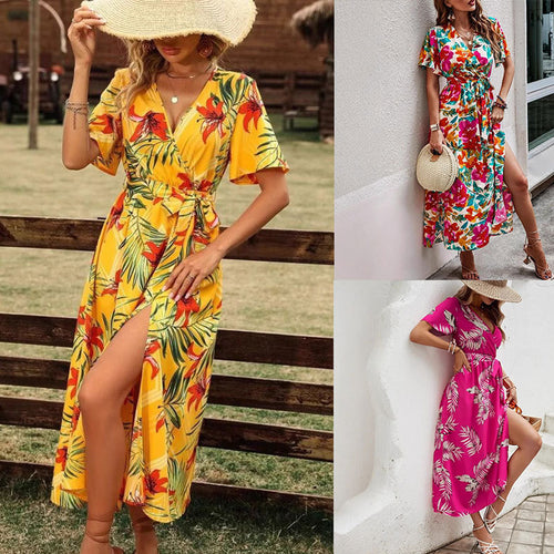 Maxi wrap dress for women with floral print and high slit Amarae