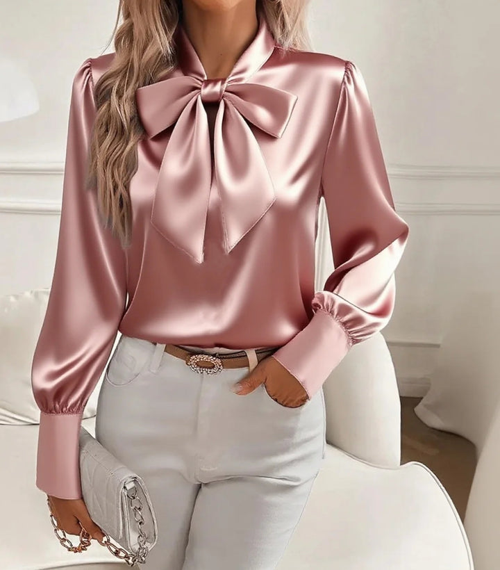 Women elegant satin blouse with bow collar and puff sleeves Lune London