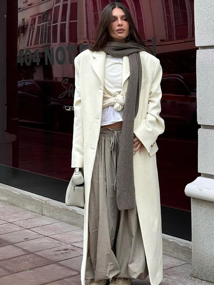 Women's Longline Wool Coat with Minimalist Button Placket, Structured Shoulder, and Classic Lapel Collar Amarae
