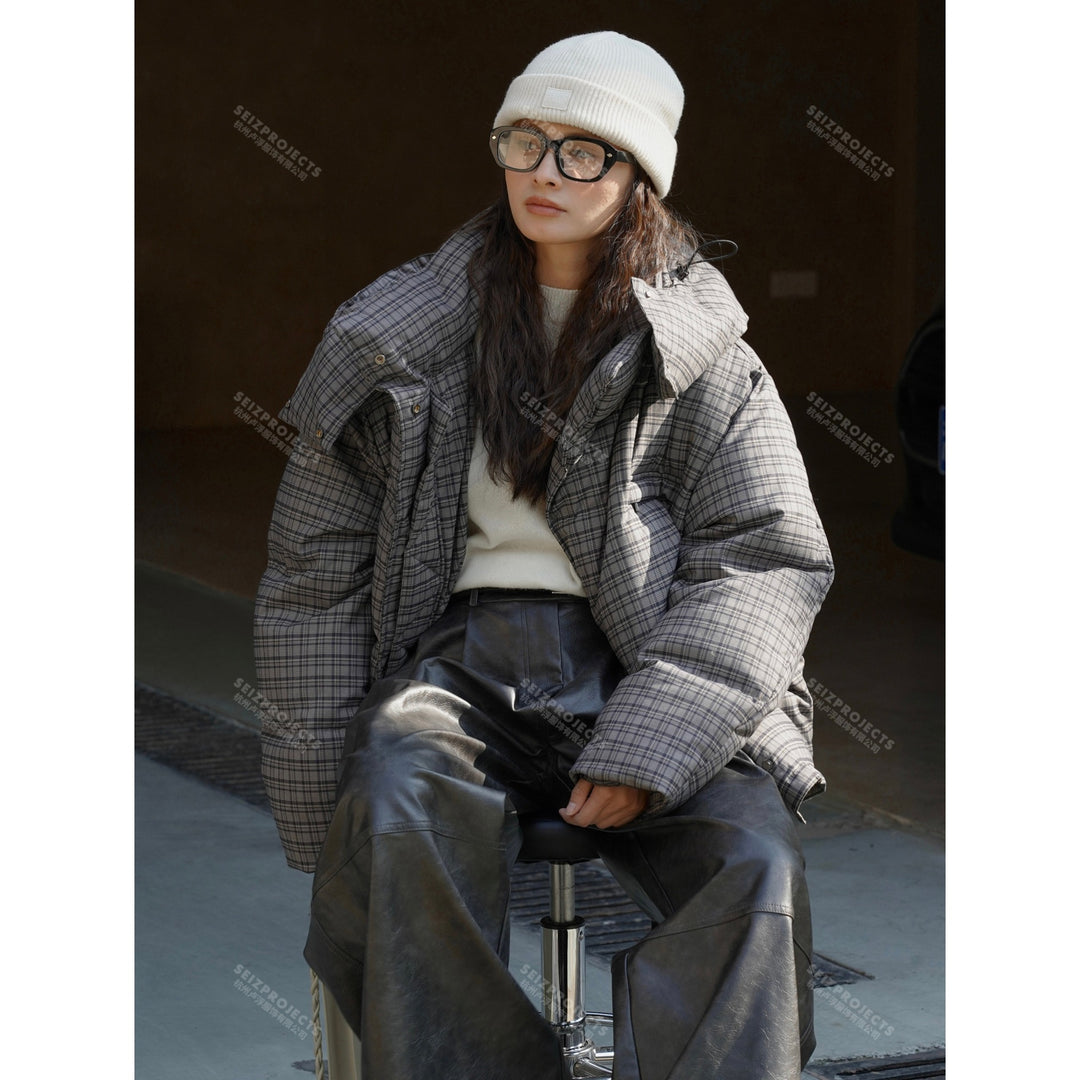 Women Short Cut Quilted Check Pattern Padded Jacket with Hood Amarae