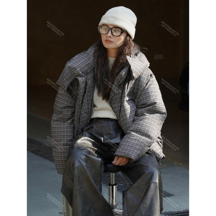 Women Short Cut Quilted Check Pattern Padded Jacket with Hood Amarae