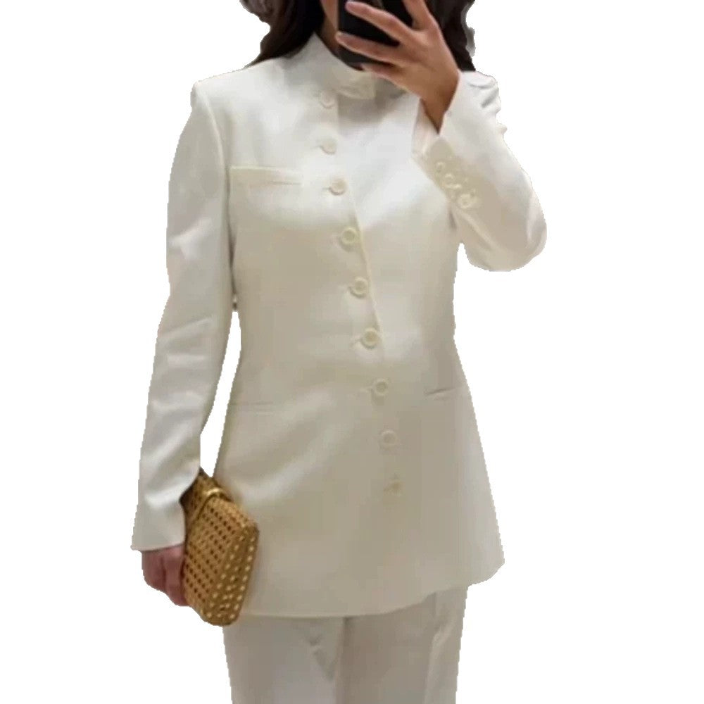 Women Longline Blazer with Stand Collar and Slim Silhouette Amarae