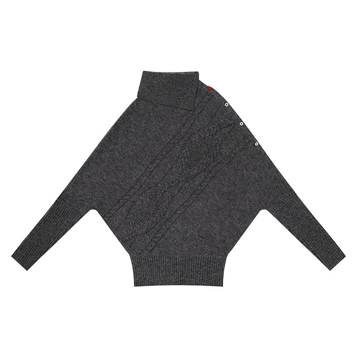 Women's oversized sweater with roll neck, asymmetric shoulder button placket and cable knit details Amarae
