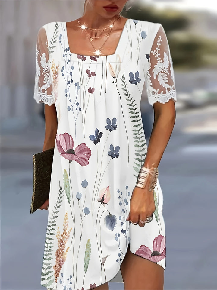 Floral print tunic dress for women with lace sleeves Lune London