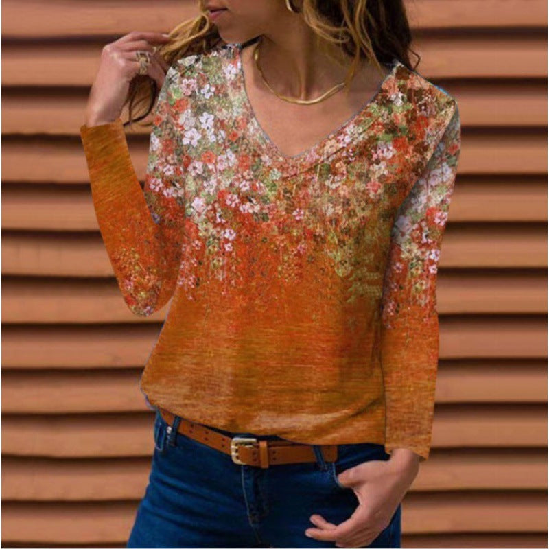 Women Long Sleeve V-Neck Tunic with Floral Watercolor Print and Light Jersey Quality Amarae