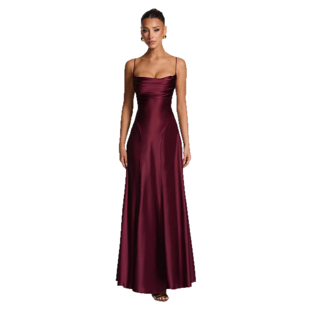 Women's Elegant Maxi Dress with Refined Spaghetti Straps and Flowing Satin Lune London