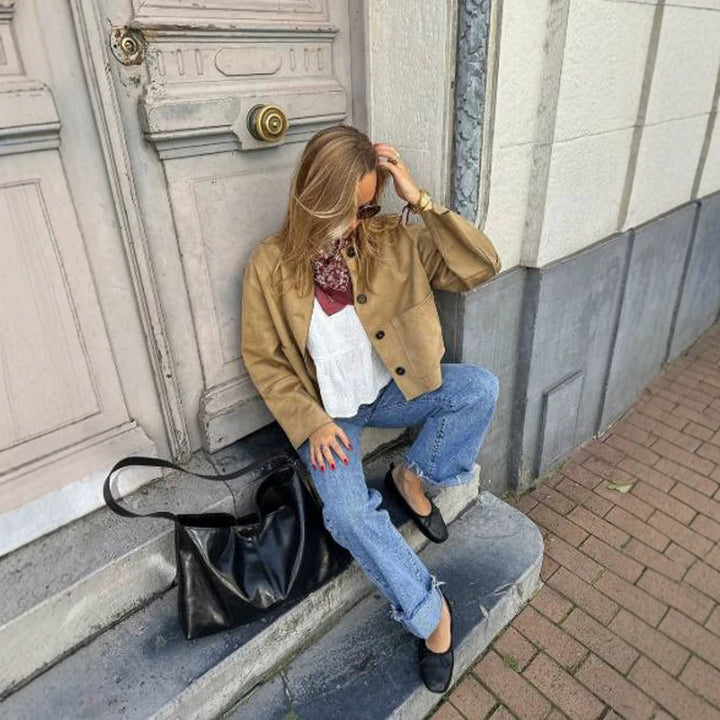 Women Short Suede Jacket in Clean-Cut with Patch Pockets Amarae