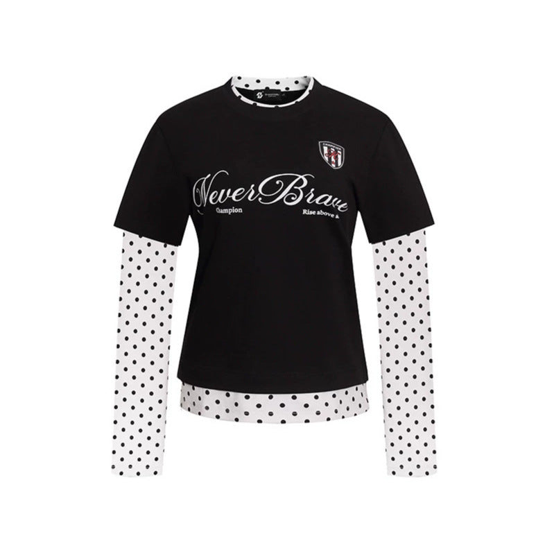 Women's Layered Long Sleeve Shirt with Polka Dot Inner Layer and Calligraphic Statement Print Amarae
