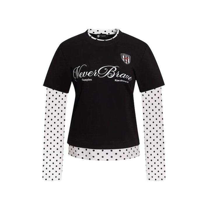 Women's Layered Long Sleeve Shirt with Polka Dot Inner Layer and Calligraphic Statement Print Amarae