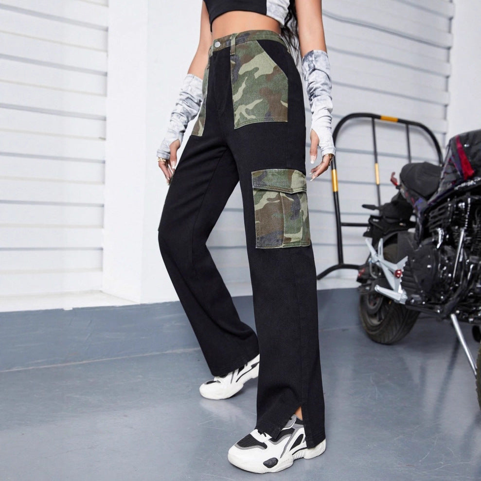 Ladies High-Waist Cargo Jeans with Camouflage Inserts and Wide Leg Amarae