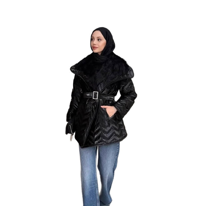 Ladies Shiny Padded Jacket with Waist Belt and Voluminous Faux Fur Collar Amarae