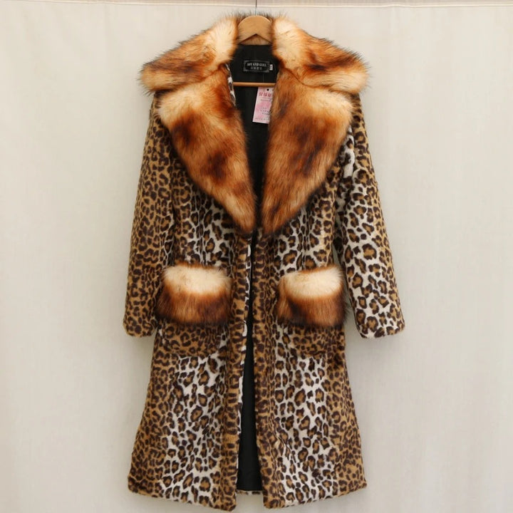 Women’s Longer Faux Fur Coat in Leopard Print with Large Fur Collar and Pocket Trim Amarae