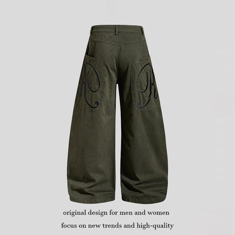 Women's Wide Denim Palazzo Pants with Balloon Hem and Attached Logo Pockets Amarae