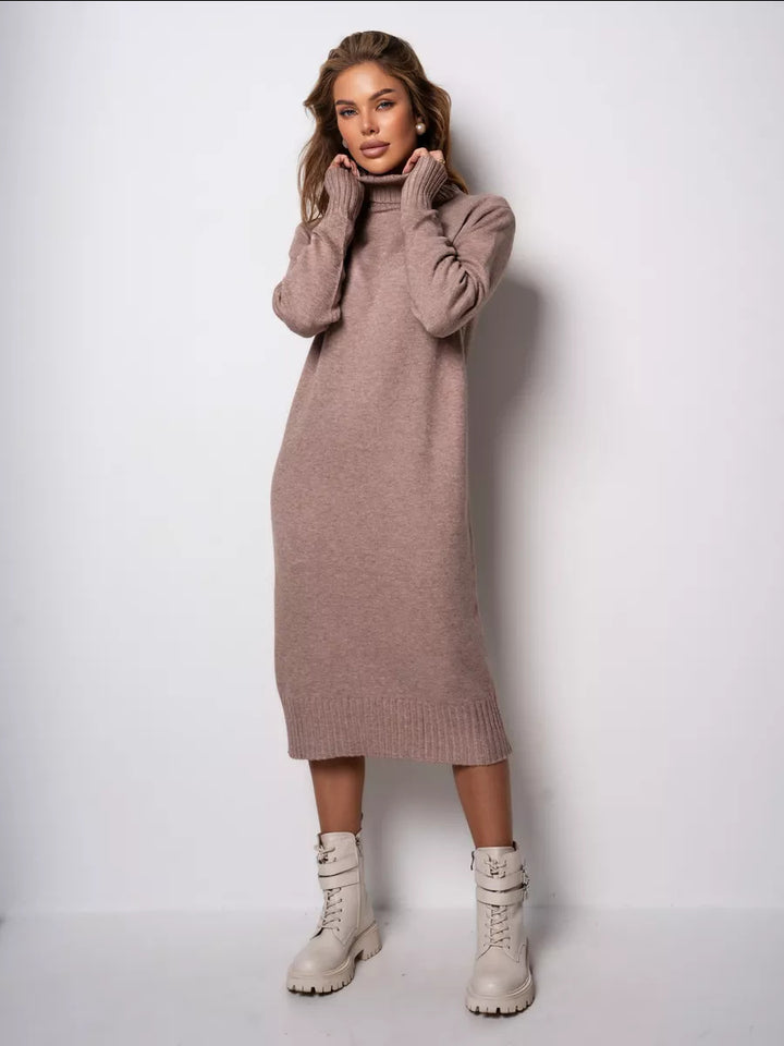Ladies Long Knitted Dress with Turtleneck and Relaxed Chic Fit