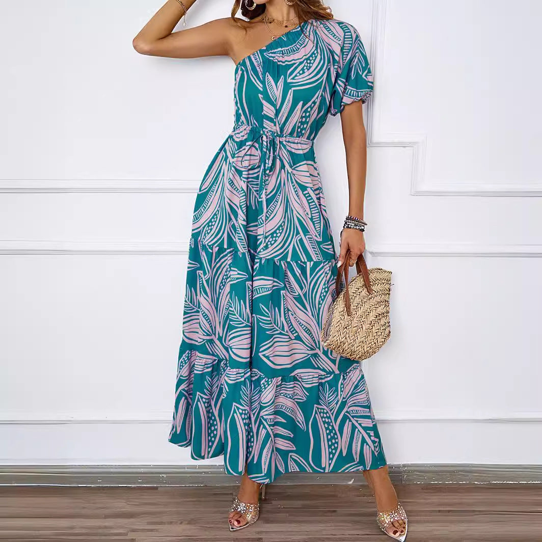 Women's maxi dress in asymmetrical design with floral pattern and wrap belt Lune London
