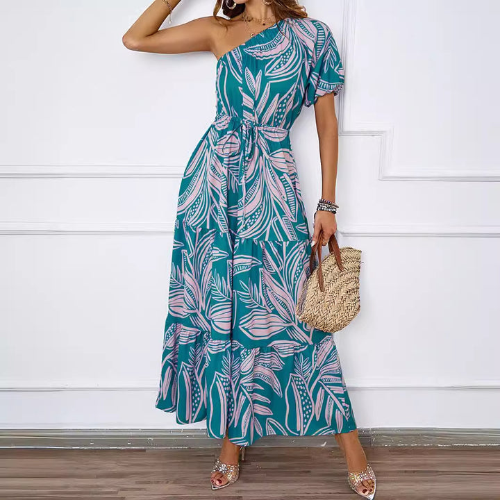 Women's maxi dress in asymmetrical design with floral pattern and wrap belt Lune London