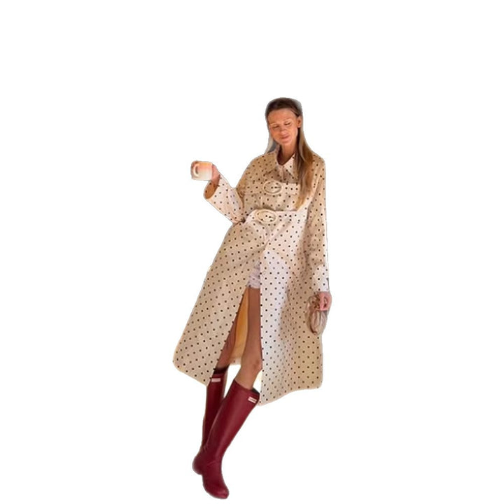 Women's Long Polka Dot Trench Coat with Oversized Lapels and Decorative Eyelets Amarae