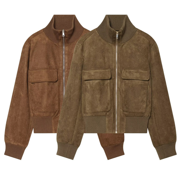 Women's suede look bomber jacket with ribbed collar and patch pockets Amarae