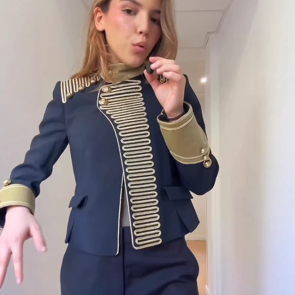 Women’s military-inspired short jacket with gold cord trim and stand-up collar Amarae