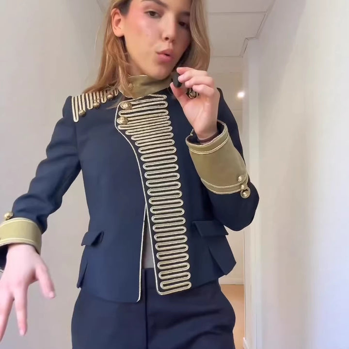 Women’s military-inspired short jacket with gold cord trim and stand-up collar Amarae
