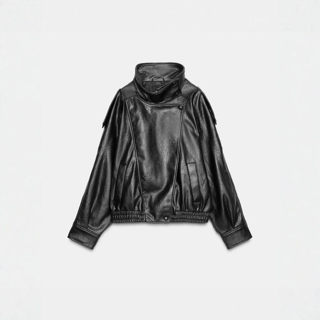 Men's short-cut leather jacket with high stand-up collar and ribbed hem Amarae