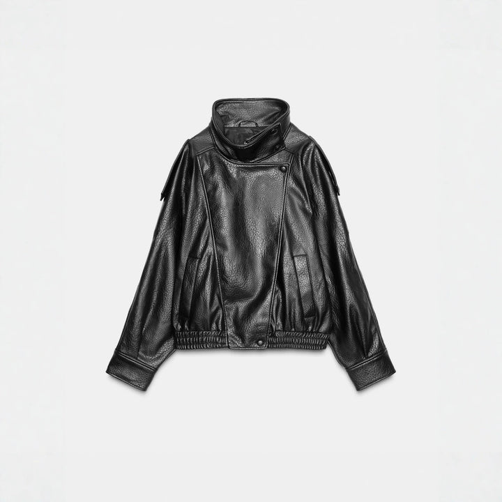 Men's short-cut leather jacket with high stand-up collar and ribbed hem Amarae
