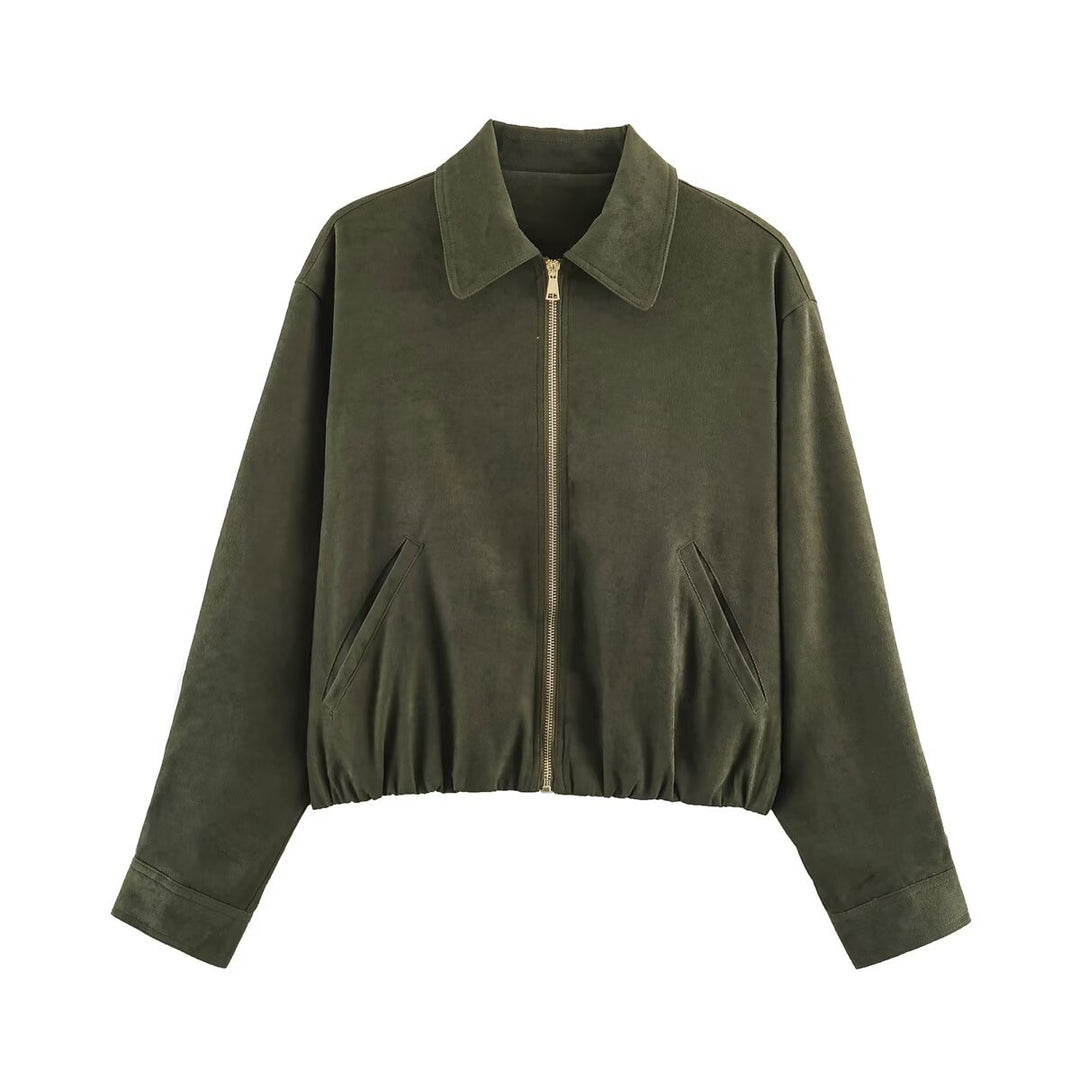 Women's Short Cut Bomber Jacket with Zipper, Shirt Collar and Elastic Hem Amarae