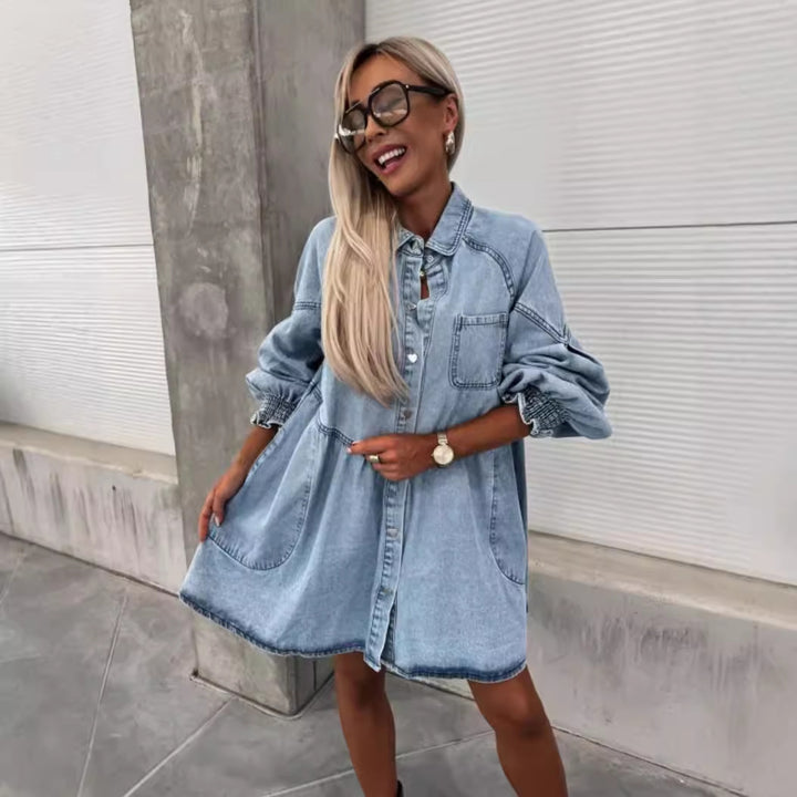 Robe chemise en denim pour femmes avec des manches volumineuses Chic & Stil