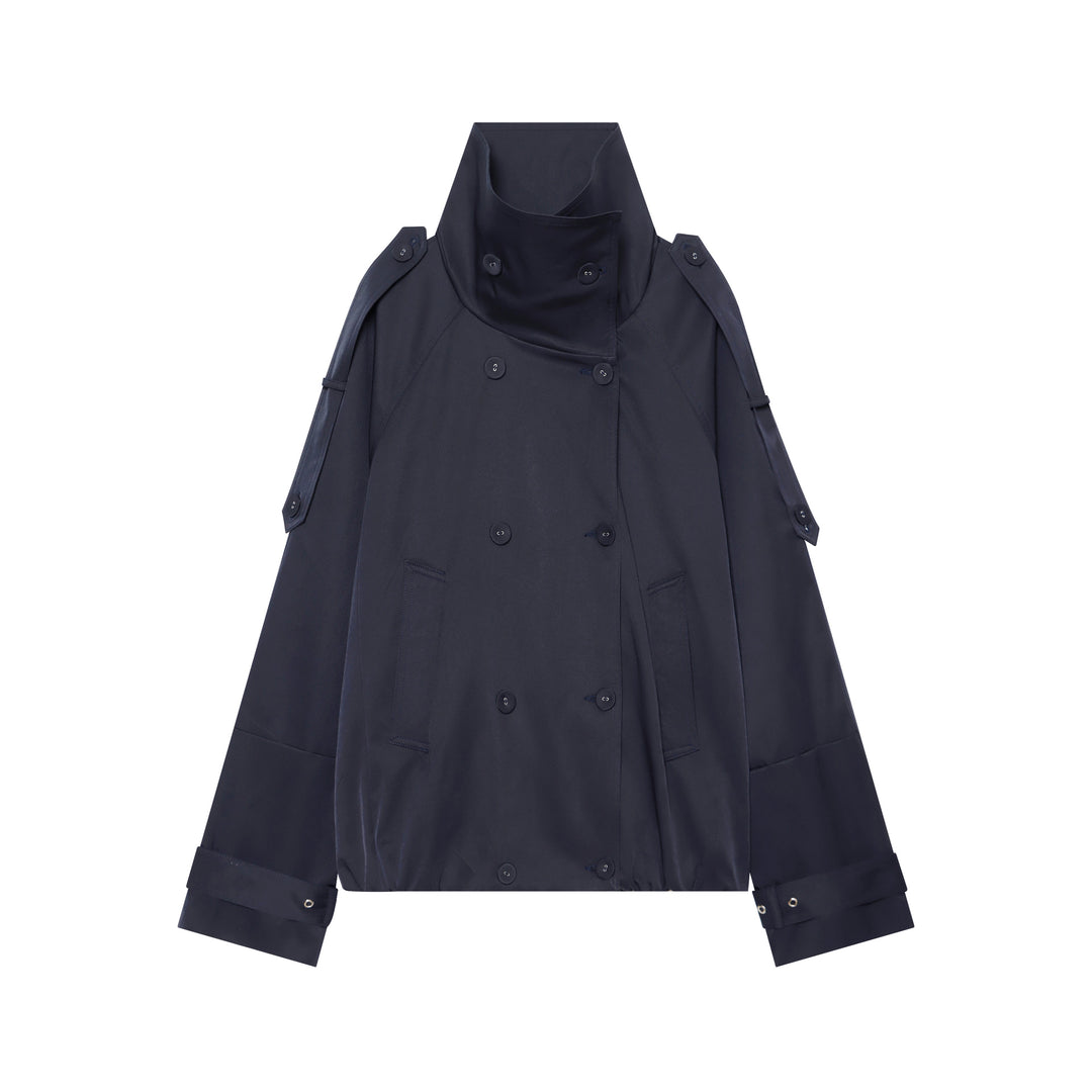 Women's Short Cape Trench with High Funnel Collar and Adjustable Sleeve Straps Amarae