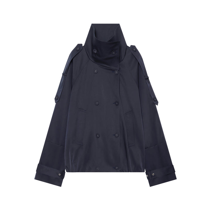 Women's Short Cape Trench with High Funnel Collar and Adjustable Sleeve Straps Amarae