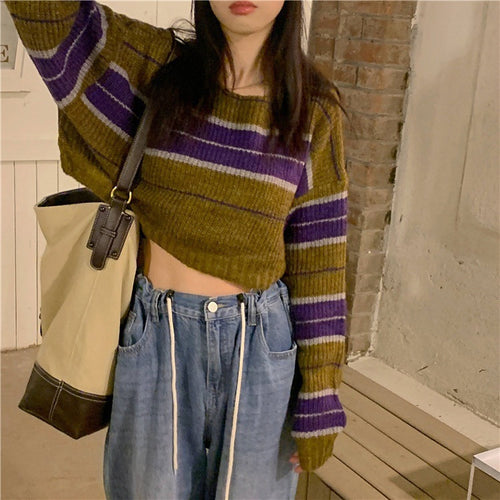 Short knit sweater for women with horizontal stripe pattern Amarae